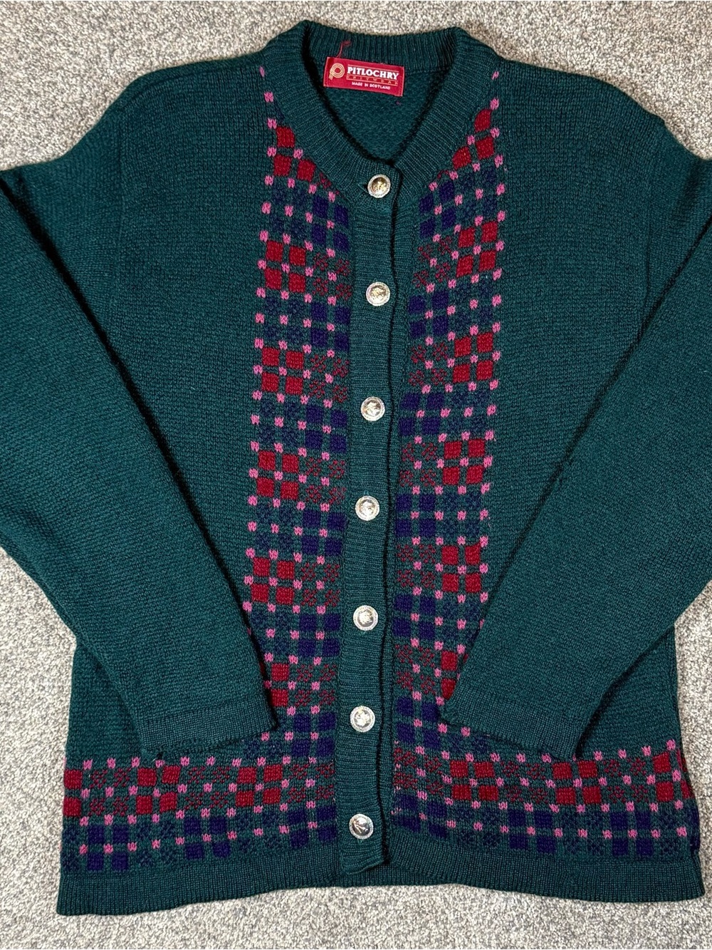 Vintage Pitlochry Scotland Lambswool Knit Cardigan Sweater Geometric Pattern